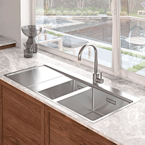 双槽厨房水槽 - XERON 100 - RODI HOME – kitchen sinks and accessories - 带沥水架 / 磨砂不锈钢 / 嵌入式