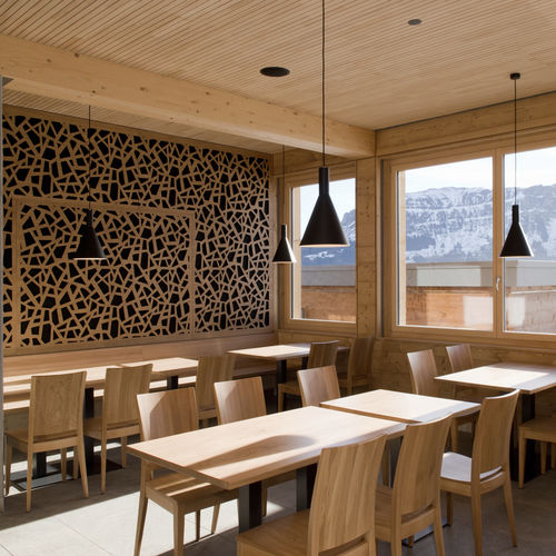 壁挂装饰面板 - MOUNTAIN RESTAURANT PRODALP FLUMS - Bruag Design Factory AG - 胶合板 / 穿孔