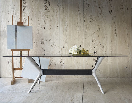 现代风格餐桌 - ROOTS MARBLE CALACATTA - MAAMI HOME - 淬火玻璃 / 涂漆金属钢桌脚 / 大理石底座桌脚