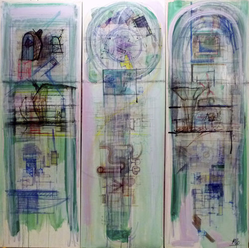 装饰丙烯画 - Tryptic Green STRATICOLLAGE - San Polo Art Gallery | Contemporary Art & Design i - 混合型 / 抽象风格 / 美术馆