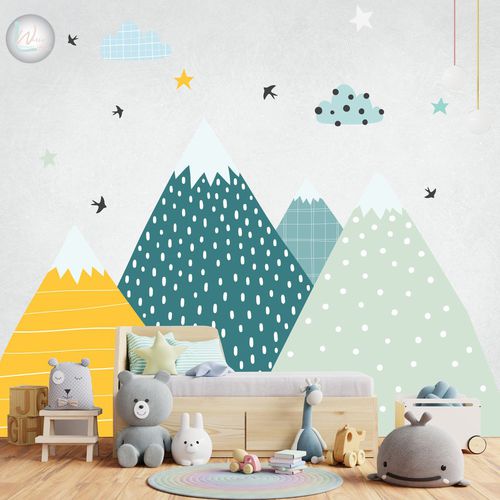 现代风格墙纸 - COLORFULL MOUNTAINS  - Wally's - 儿童图案 / 绿色 / 黄色