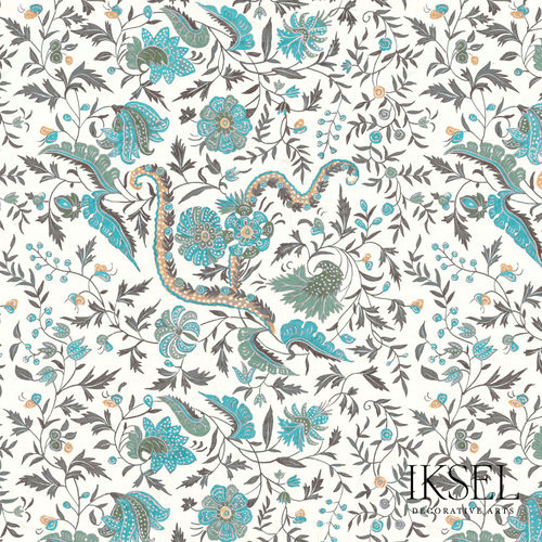 现代风格墙纸 - RW306 Indienne cr53 Turquoise - Iksel Decorative Arts - 玻璃纤维 / 乙烯基 / PVC