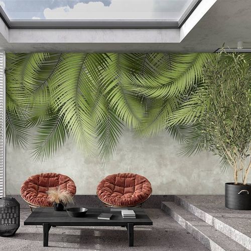 现代风格墙纸 - feuille palmier & mur ciment - MuralConcept - 无纺布 / 自然图案 / 全景式