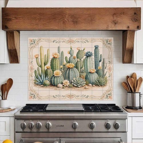 陶瓷厨房防溅板 - DESERT CACTUS - Tempera Art Design - 可定制 / 耐热 / 防刮痕