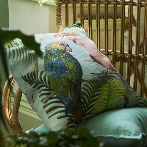正方形垫子 - PARROT & PALM AZURE - DESIGNERS GUILD - 动物图案 / 亚麻 / 绿色