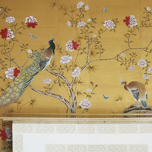 传统风格墙纸 - CHINESE GARDEN WITH PEACOCKS - Misha wallcoverings - 丝绸 / 印花 / 自然图案