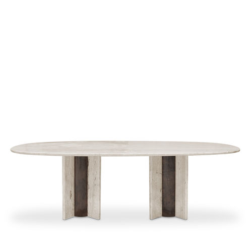 现代风格餐桌 - PARIS TRAVERTINE MARBLE OVAL - KOKET Love Happens - 钙华 / 核桃木桌脚 / 钙华碱桌脚