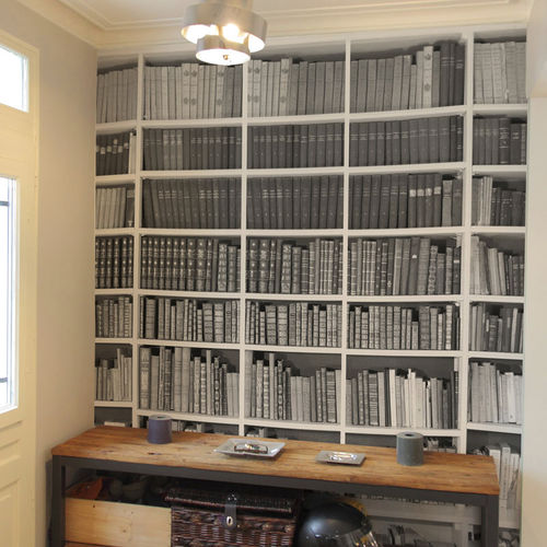 现代风格墙纸 - Papier peint Trompe l'oeil BIBLIOTHEQUE Noir et blanc - Ohmywall - 全景式 / 图书馆 / 仿墙纸