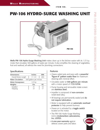 PW106 Pot Washer:Hydro-Surge Washing Unit