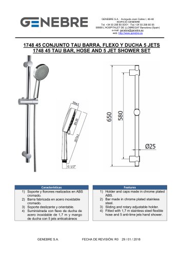 1748 45 TAU BAR, HOSE AND 5 JET SHOWER SET