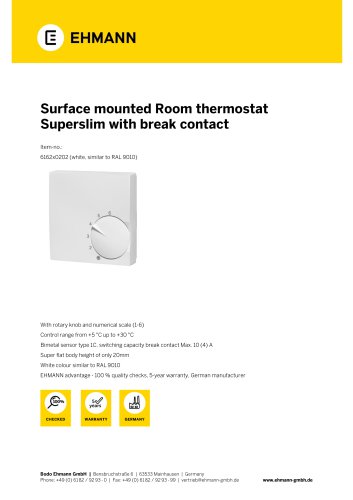 Surface mounted Room thermostat Superslim with break contact