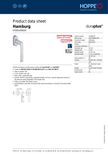 Product data sheet Hamburg 0700/UD9020