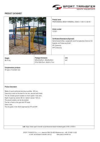 PROFESSIONAL BEACH HANDBALL GOALS / 3.00 X 2.00 M /