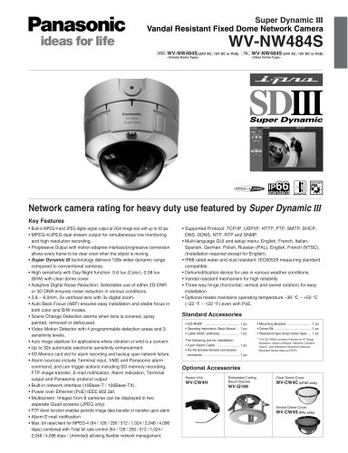 Super Dynamic III Vandal Resistant Fixed Dome Network Camera WV-NW484S 