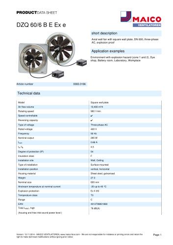 Axial wall fan DZQ 60/6 B E Ex e