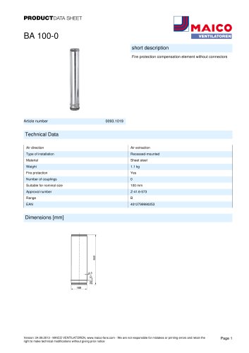 Product data sheet Fire protection compensation element BA 100-0