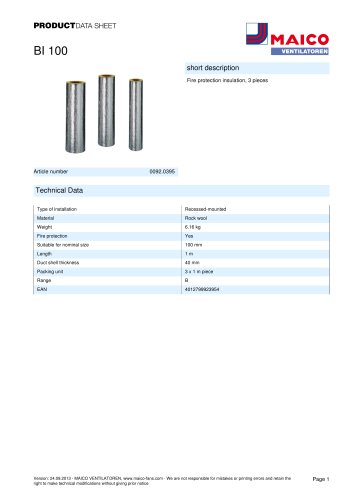 Product data sheet Fire protection insulation BI 100