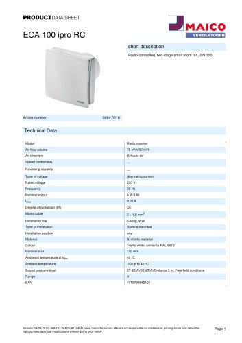 Product data sheet Small room fan ECA 100 ipro RC