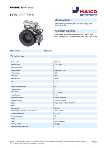 Semi-centrifugal duct fan ERM 25 E Ex e