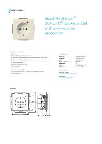 Busch-Protector SCHUKO socket outlet with overvoltage protection IVORY WHITE