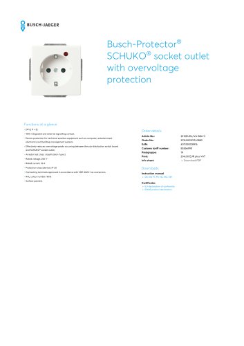 Busch-Protector SCHUKO socket outlet with overvoltage protection STUDIO WHITE, MATT