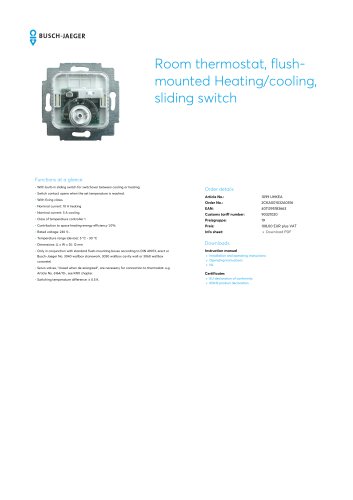 Room thermostat, flush-mounted Heating/cooling, sliding switch