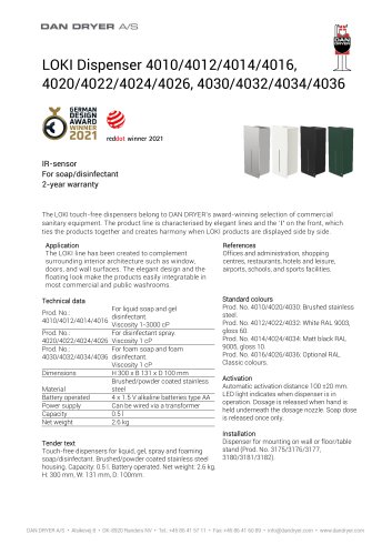 LOKI Soap/Disinfectant Dispensers, touchfree, data sheet