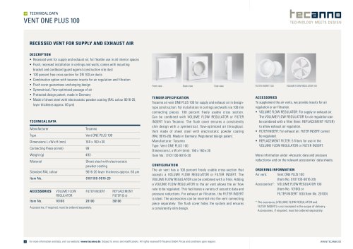 Tecanno technical data vent one plus
